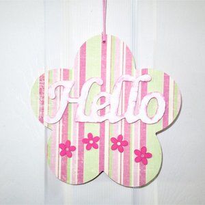 NEW farmhouse pink flower HELLO decoration hanging sign 9.25" x 9.25" x 1"